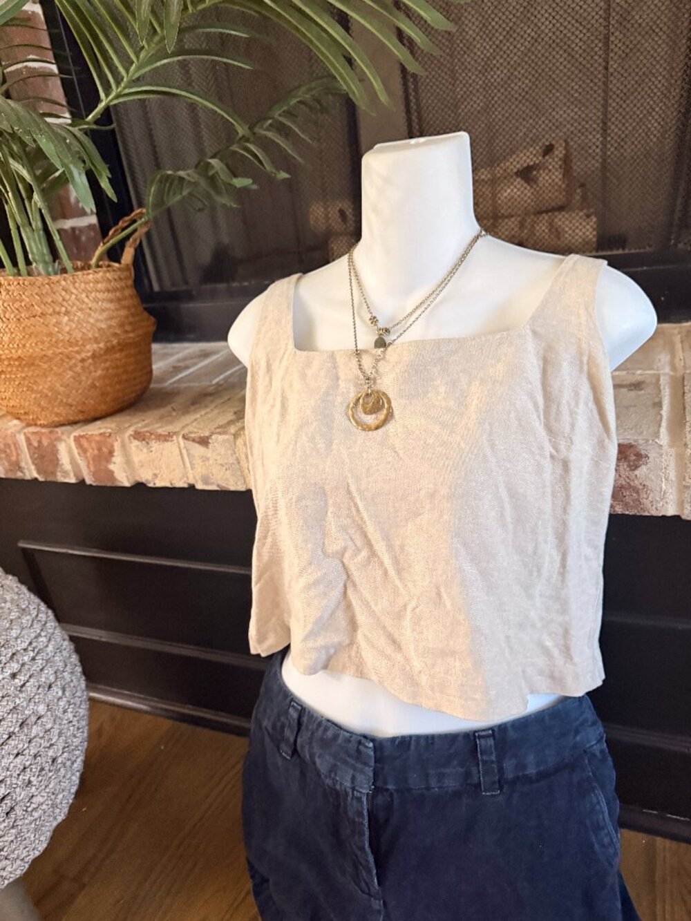 Old Navy Linen Blend Tank Top Women’s Small Beige Square Neck Sleeveless Summer